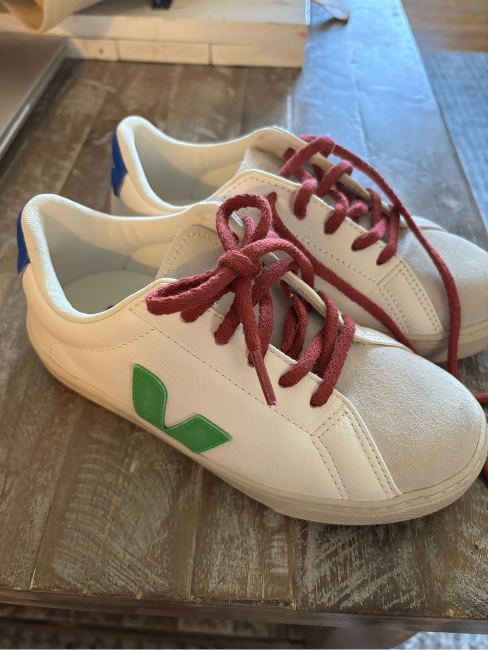 Veja Kids White Sneakers with Green Logo and Red Laces